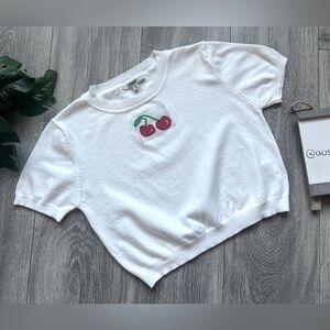 Papaya Cherry Embroidered Short Sleeve Sweater Knit Crop Top in White. Size L